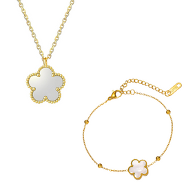 Stainless Steel Set Armband+Halskette"Weiße Blume" 18 Karat vergoldet