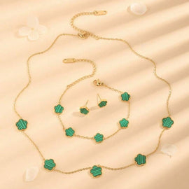 Stainless Steel Set Halskette & Armband & Ohrringe "Green Flower" 18 Karat vergoldet